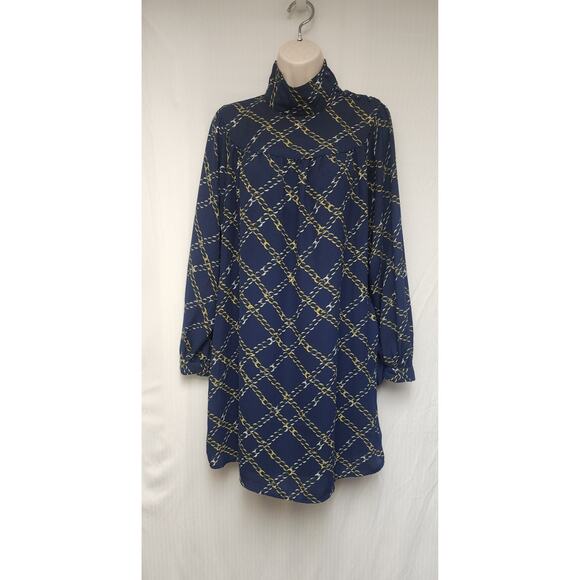 WHO WHAT WHERE Blue/Gold Chain Print Long Sleeve High Collar Dress Size XS - Picture 5 of 10